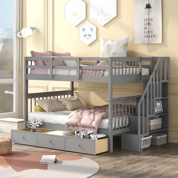 Polibi Stairway Full-over-Full Bunk Bed with Drawer, Storage and Guard Rail for Bedroom, Gray color
