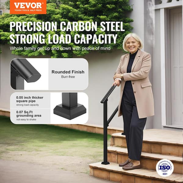 VEVOR Handrails for Outdoor Steps 2-Piece 2-3 Step Stair Handrail Kit Transitional Carbon Steel Railings Black Square Tube