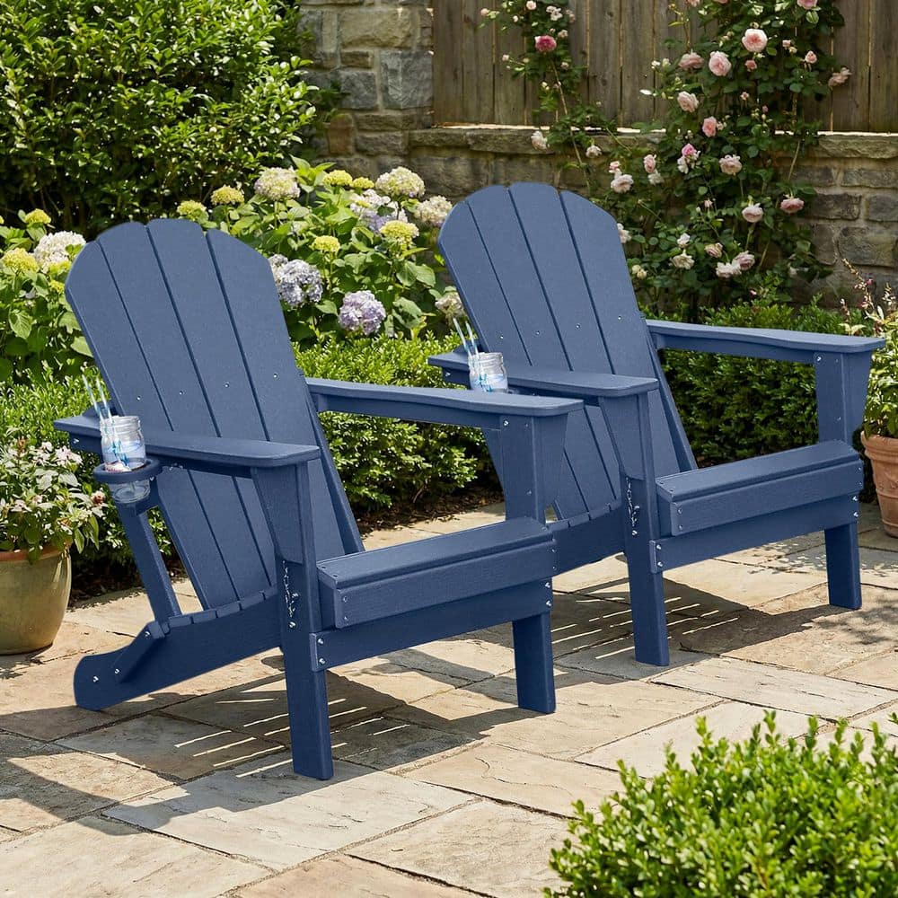 Dark Blue Outdoor Folding Plastic Adirondack Chair with Cup Holder