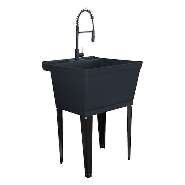 TEHILA 22.875 in. x 23.5 in. Thermoplastic Floor Mount Sink in Black with High-Arc Matte Black Coil Pull-Down Faucet