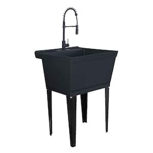 22.875 in. x 23.5 in. Thermoplastic Floor Mount Sink in Black with High-Arc Matte Black Coil Pull-Down Faucet