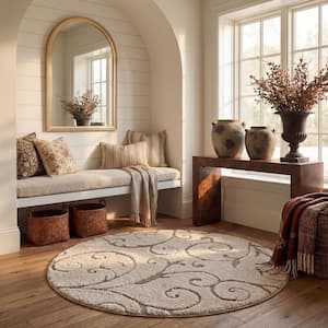 Florida Shag Cream/Beige 7 ft. x 7 ft. Round Floral High-Low Area Rug