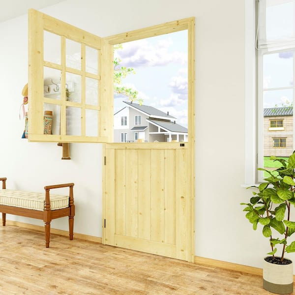 36 in. x 80 in. Solid Pine Universal 9 Lite Clear Glass Unfinished Dutch Door Design Wood Front Door Slab
