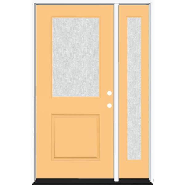 Steves & Sons Legacy 53 in. x 80 in. 1/2 Lite Rain Glass LHIS Primed Jackfruit Finish Fiberglass Prehung Front Door w/14 in. SL