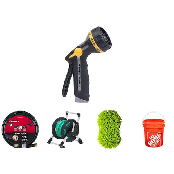 Rear-Trigger 8-Pattern Nozzle, 150 ft. Hose Reel, 5/8 in. x 50 ft. Hose, Sponge, and 5 Gal. Bucket Combo (5-Piece)