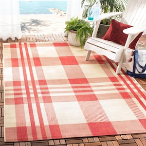 Courtyard Red/Bone 4 ft. x 4 ft. Plaid Indoor/Outdoor Patio  Square Area Rug