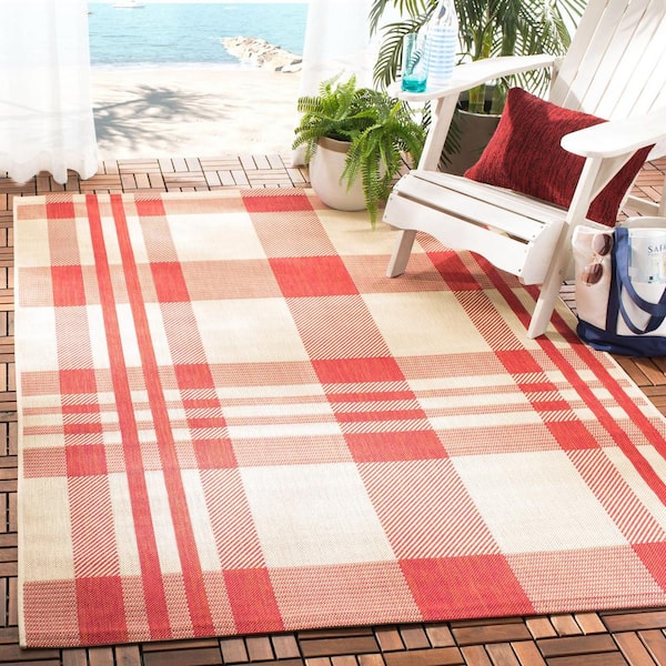 Courtyard Red/Bone 7 ft. x 7 ft. Square Striped Indoor/Outdoor Patio  Area Rug