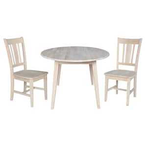 Set of 3-pcs - 42 in. Unfinished Drop-Leaf Wood Table and 2-Side Chairs