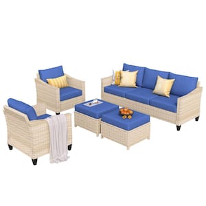 Athena Biege 5-Piece Wicker Outdoor Patio Conversation Seating Set with Navy Blue Cushions