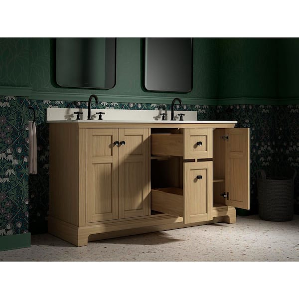 Baskin 60 in. Double Sink Light Oak Bath Vanity with Bianco Bella Quartz Top
