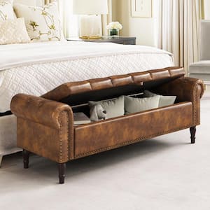 Cerella 63 in.Yellow Brown Faux Leather Upholstered Storage Bedroom Bench Rolled Arm Button Tufted Storage Ottoman