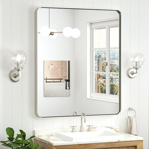 30 in. W x 36 in. H Modern Rectangular Brushed Nickel Bathroom Mirrors Aluminum Framed Wall Bathroom Vanity Mirror