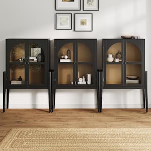 Shadow Matte Black MDF 35 in. Sideboard Credenza with Tempered Glass Doors and Light Oak Interior, Set of 3