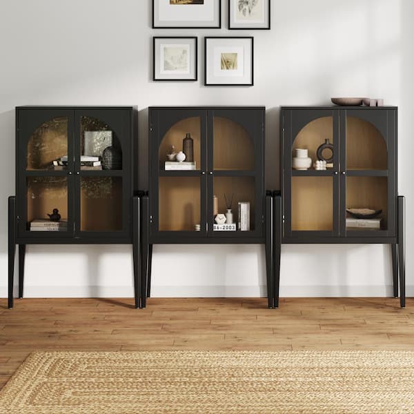 Nathan James Shadow Matte Black MDF 35 in. Sideboard Credenza with Tempered Glass Doors and Light Oak Interior, Set of 3