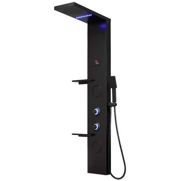 BWE 2-Jet Rainfall Shower Panel System with Rainfall Shower Head, Shelf, STub Spout and LED Light in Matte Black