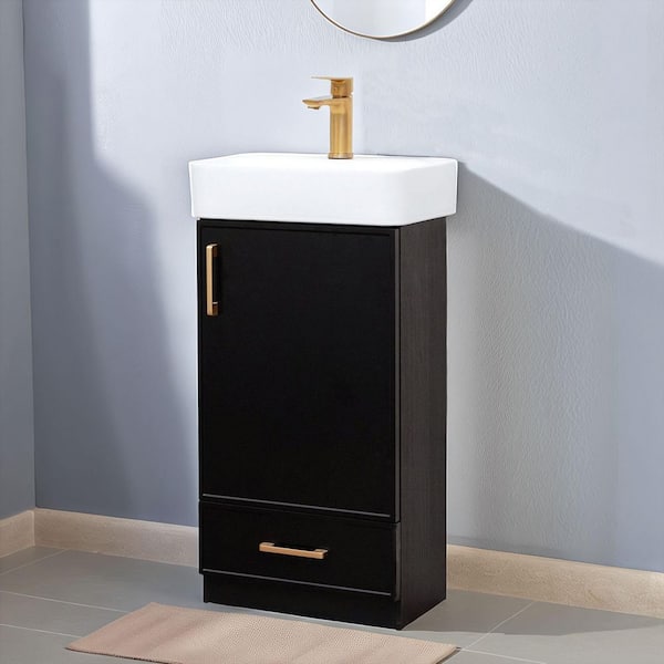 18 in. W x 11 in. D x 24 in. H Bathroom Vanity in Black Wood Grain with White Ceramic Top and Vessel Sink
