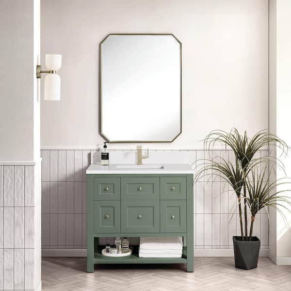 James Martin Vanities Breckenridge 36.0 in. W x 23.5 in. D x 34.2 in. H Single Bathroom Vanity in Smokey Celadon with White Zeus Quartz Top