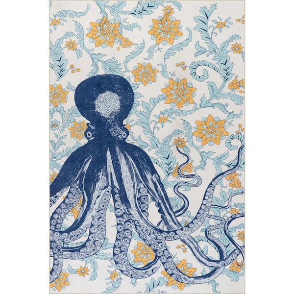 Molly Octopus Spill Proof Washable Blue 4 ft. x 6 ft. Indoor Area Rug