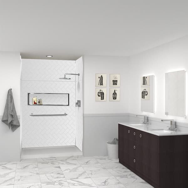 Prodigy 60 in. W x 96 in. H x 36 in. D 6-Piece Glue-Up Alcove Shower Surround in White Herringbone Tile