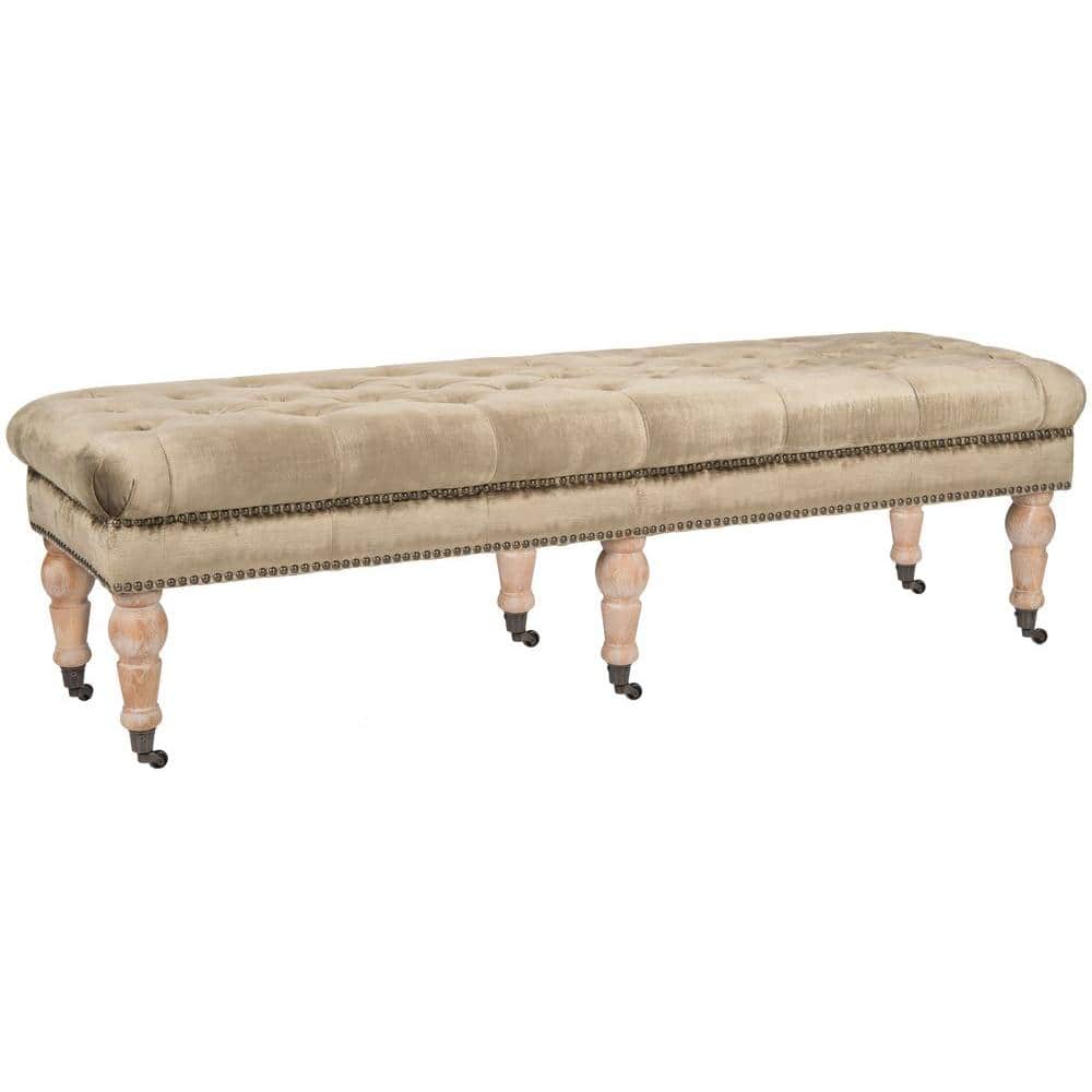 Transitional Tufted Antique Sage Bench with Brass Nail Heads and Oak Legs