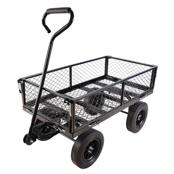 16 cu.ft. Mesh Metal Frame Wagon Heavy-Duty Push Garden Cart with Solid wheels Tools cart in Black