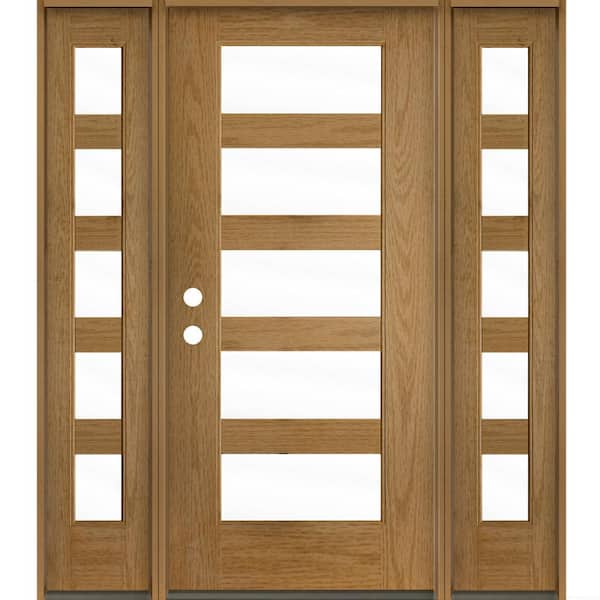 Krosswood Doors ASCEND Modern 64 in. x 80 in. Right-Hand/Inswing 5-Lite Clear Glass Bourbon Stain Fiberglass Prehung Front Door with DSL