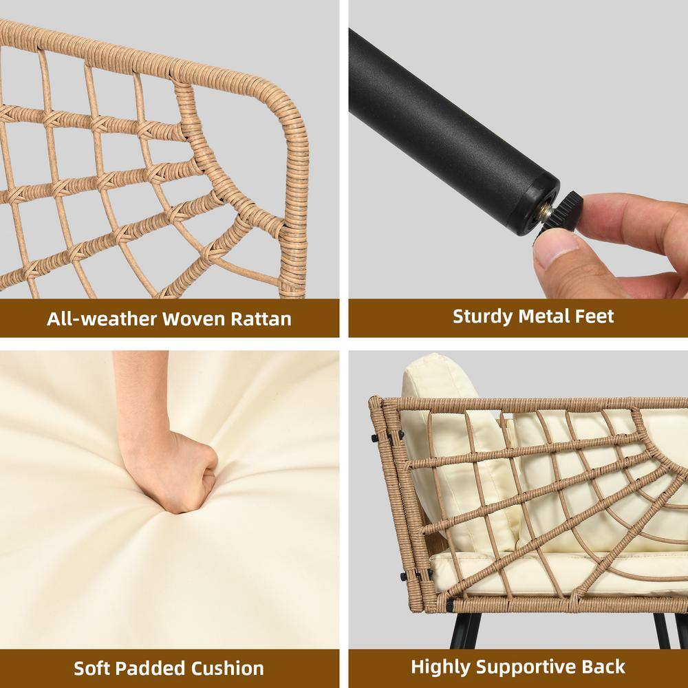 Beige Wicker and Iron Two-Seat Patio Sectional Sofa