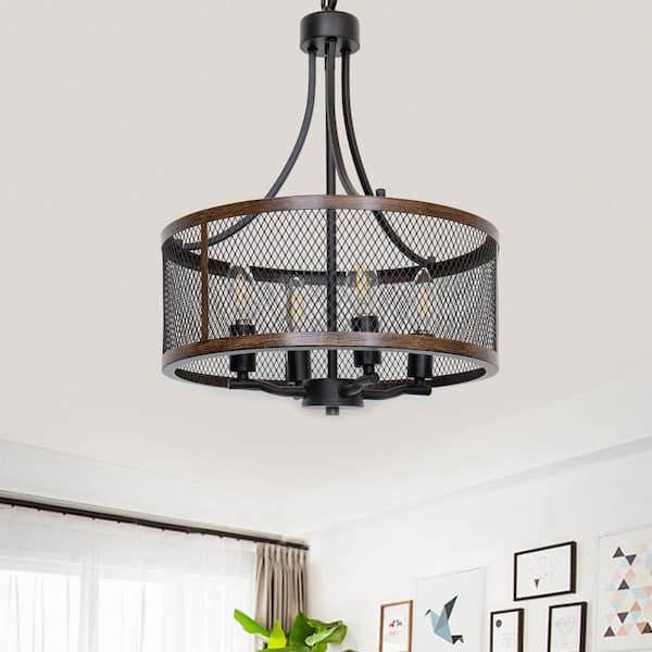 Farmhouse 4-Light Oil Black and Wood Finish Drum Chandeliers.Industrial Pendant Lighting for Dining Room Living Room