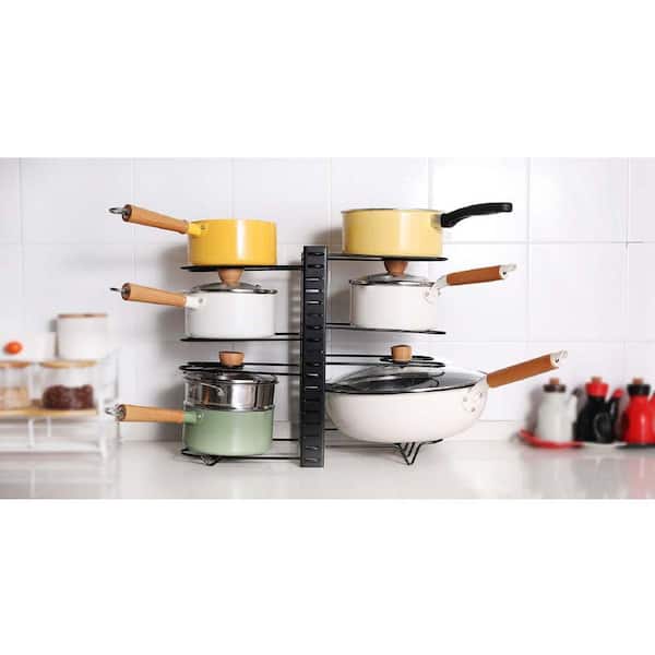 Black Metal Adjustable Standing Pot Rack Pots and Pans Organizer, Kitchen 8-Tier Pot Rack for Cabinet With 3 DIY Methods