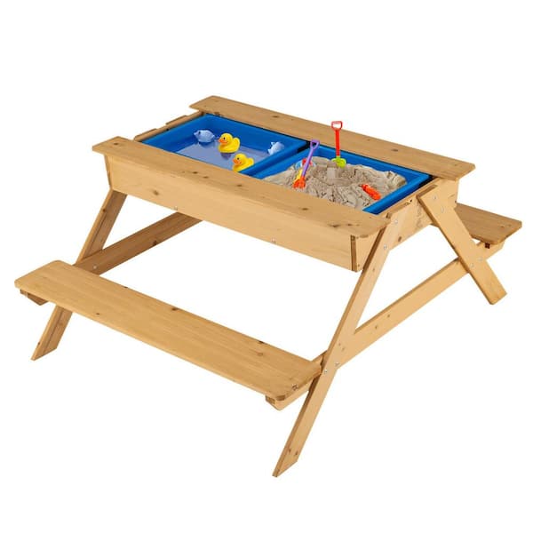 Gymax 3-in-1 Kids Picnic Table Wooden Outdoor Water Sand Table w/Play Boxes