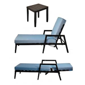3-Piece Aluminum Black Outdoor Chaise Lounge Set with End Table, Sunbrella Blue Cushions and Tapered Feet