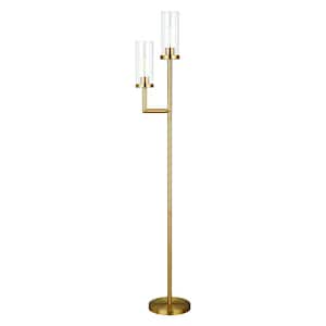 69 in. Gold 2 1-Way (On/Off) Torchiere Floor Lamp for Living Room with Glass Drum Shade