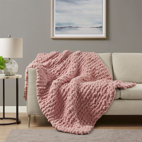 Chenille Chunky Knit Blush Polyester Throw Blanket