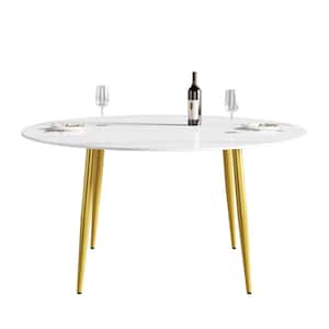 59.05 in. Modern Round Dining Table White Sintered Stone Tabletop Dining Table with Solid Gold 4 Legs (Seat 8)