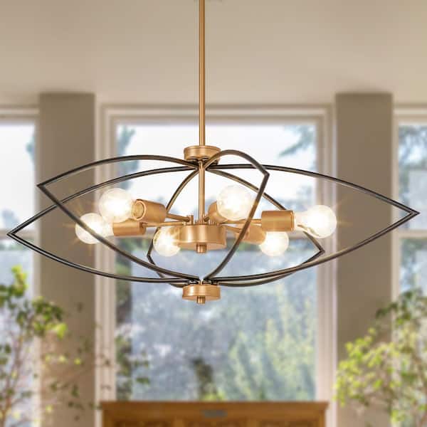 Modern 6-Light Dark Gold Island Chandelier with Black Metal Cage for Living Room, No Bulb Included