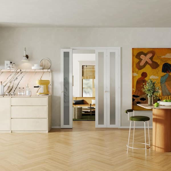 TENONER 60 in. x 80 in. 1-Lite Frosted Glass Solid Core White PVC