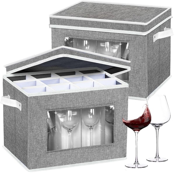 2 Pack Grey Stemware Organizer with Hard Shell and Dividers for Coffee Mug,Tea Cup and Glasse, Cup and Mug Storage Box