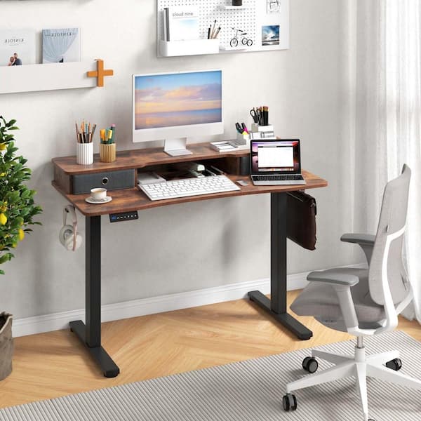 48 in. Brown Wood 2-Drawer Electric Standing Desk with Monitor Stand Storage Shelf