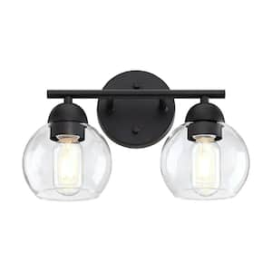 13.33 in. 2-Light Matte Black Bathroom Vanity Light with Clear Glass Shades