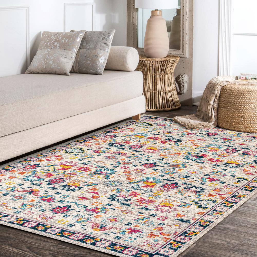 Beige Multicolor Synthetic Boho Floral Area Rug