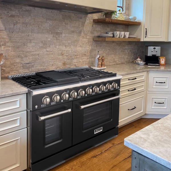 48in. 8 Burners Freestanding Gas Range in Black/StainlessSteel with Convection Fan Cast Iron Grates and Black Enamel Top