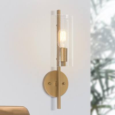 Modern Cylinder Powder Room Wall Sconce Lind 1-Light Brass Gold Tube Bathroom Vanity Light with Seeded Glass Shade