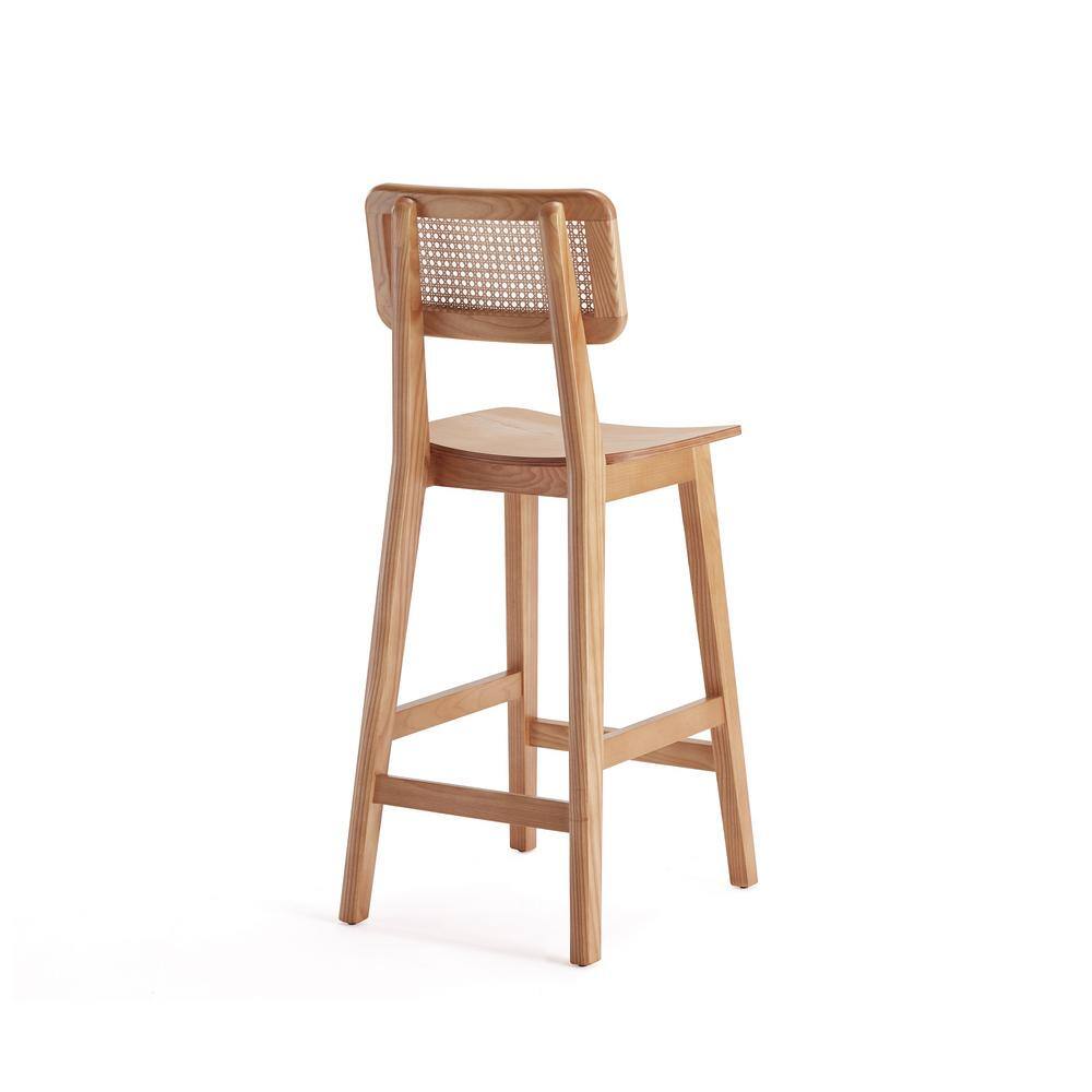 Set of 3 Natural Ash Wood and Cane Counter Stools