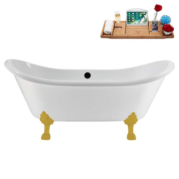 Streamline 71 in. x 31 in. Acrylic Clawfoot Soaking Bathtub in Glossy White with Matte Black Drain and Brushed Gold Clawfeet