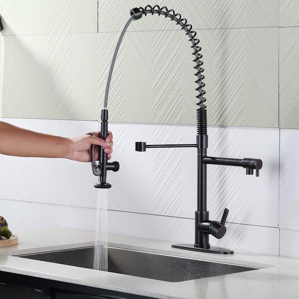 28.7 in. Single Handle Brass Pre-Rinse Spring Pull Down Sprayer Kitchen Faucet with 360° Swivel Pot Filler in Bronze