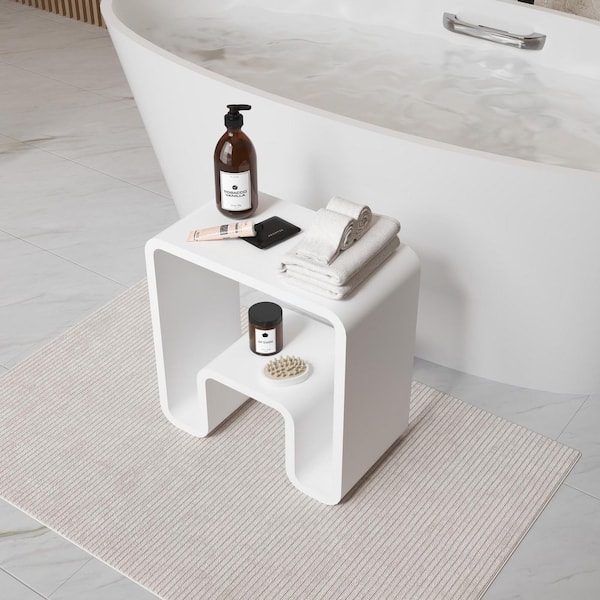 VANITYFUS 9.06 in. W Concave Solid Surface Artistic Shower Stool Free-standing Waterproof Vanity Seat in Matte White
