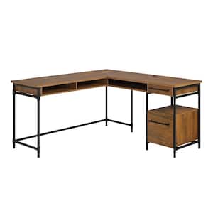 Iron City 60 in. L-Shaped Checked Oak Computer Desk with Cubbyhole and File Storage on Metal Base
