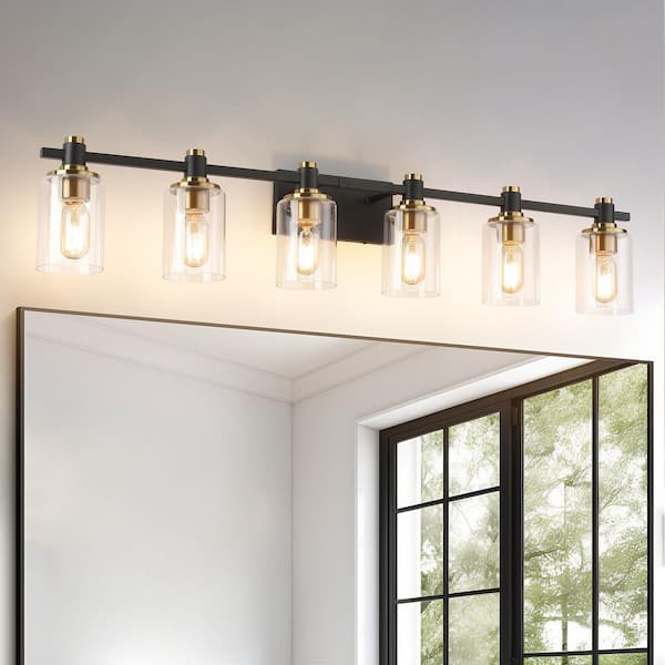 42.32 in. 6 Light Black and Gold Bathroom Vanity Light with Cylinder Clear Glass shades