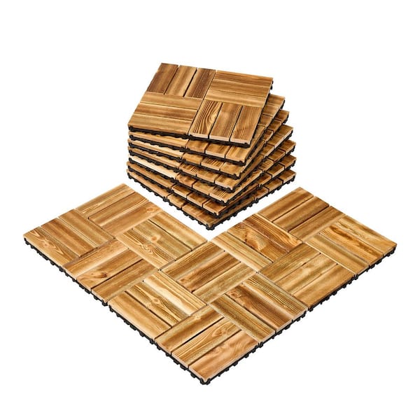 Interlocking Deck Tiles Solid Wood, 10 Pack, 12 in. x12 in. Waterproof Camphor Pine Wood Flooring All Weather Use, Patio