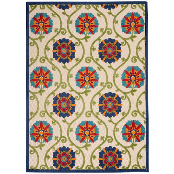 Aloha Blue/Multicolor 10 ft. x 13 ft. Floral Modern Indoor/Outdoor Patio Area Rug